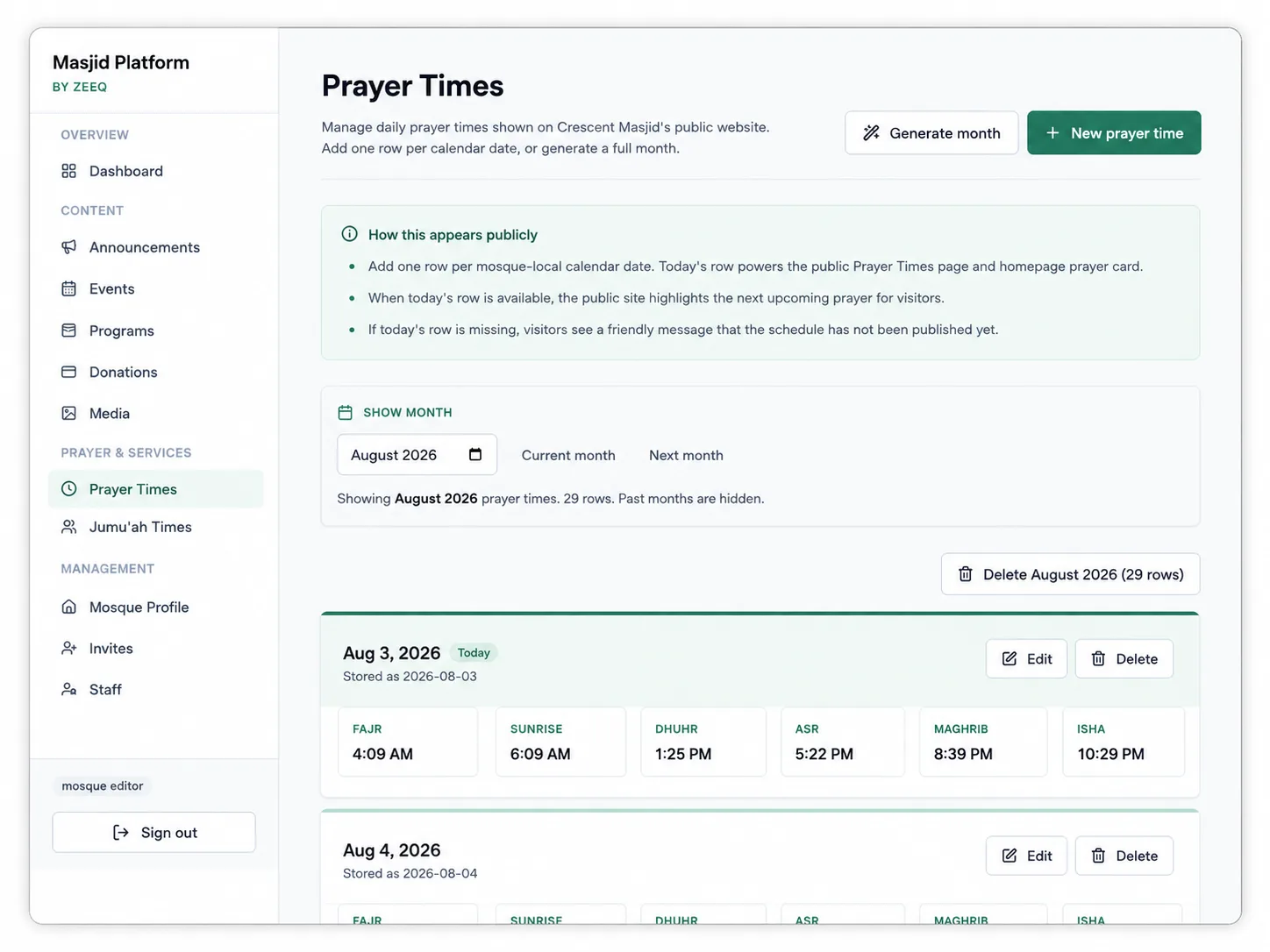 Crescent Masjid demo administration portal showing Prayer Times management