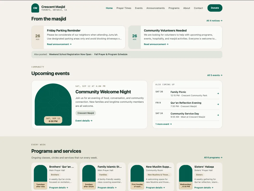 Crescent Masjid public website showing announcements, upcoming events, and programs