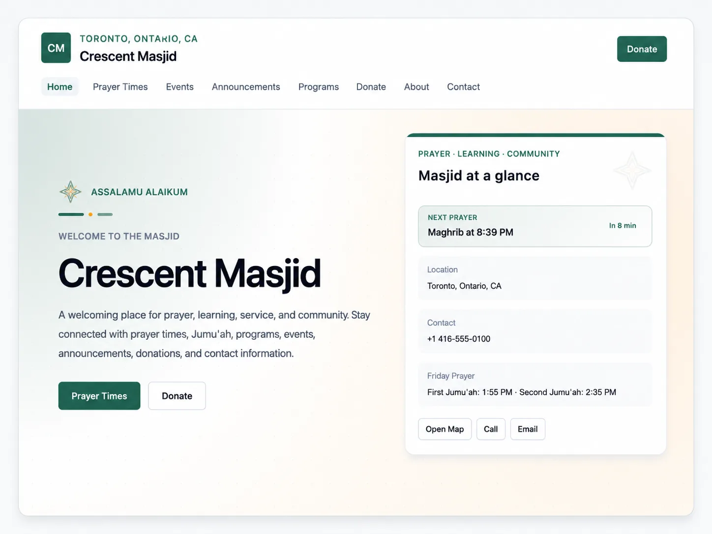 Crescent Masjid demo public website showing mosque information and prayer details